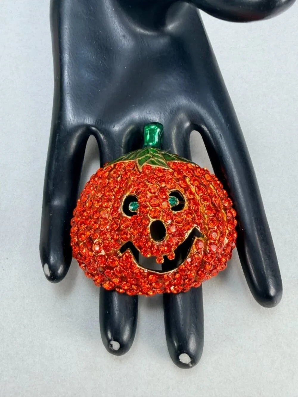 Vintage Halloween Jack O Lantern Pumpkin Rhinestone Brooch Orange Crystal Pin